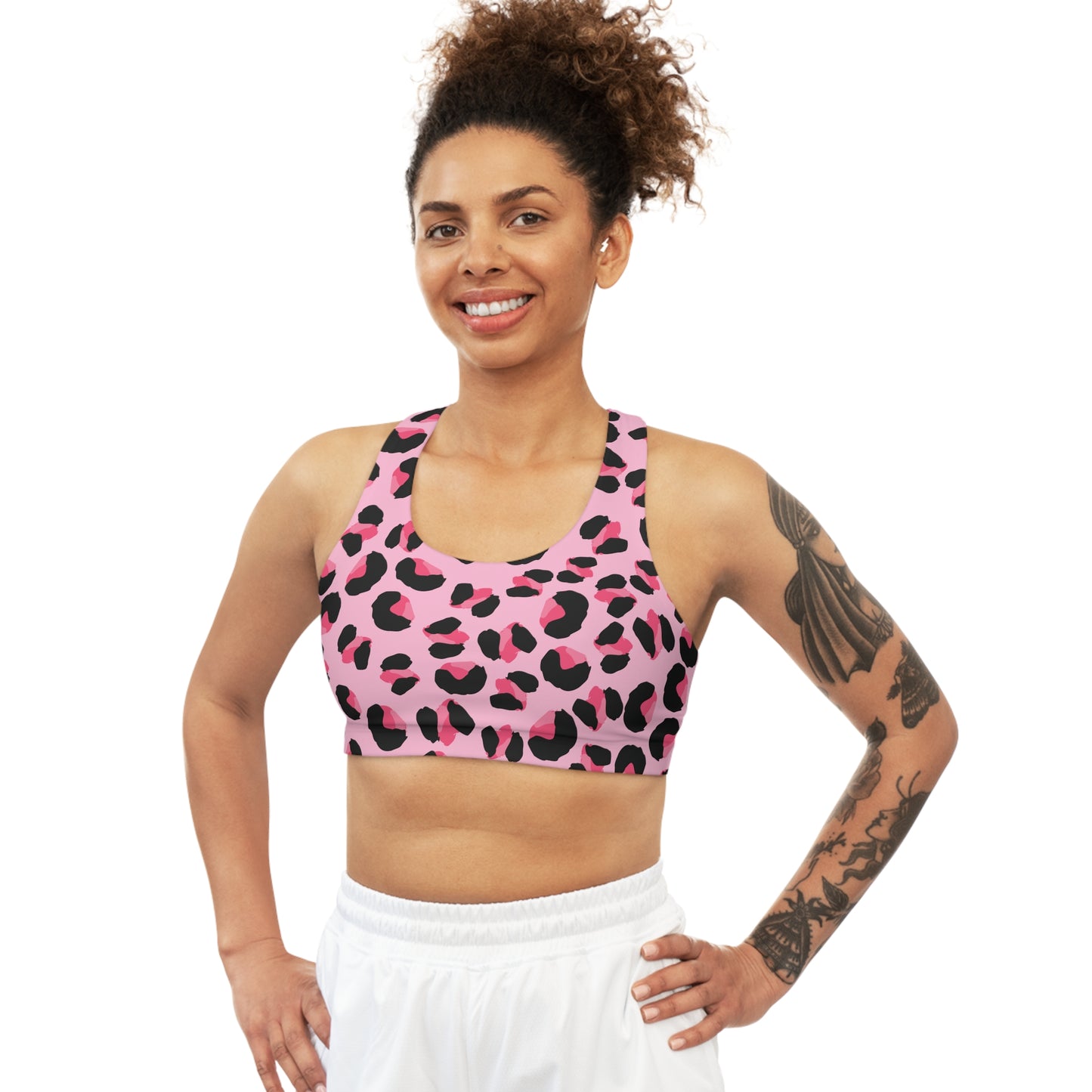 Pink Leopard Print Seamless Sports Bra for Fitness, Workout Bra, Yoga bra, Gym Bra