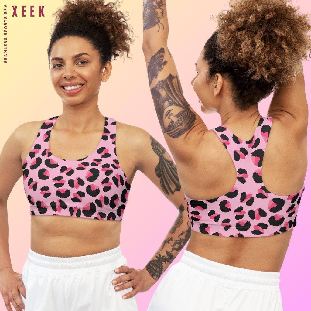 Pink Leopard Print Seamless Sports Bra for Fitness, Workout Bra, Yoga bra, Gym Bra