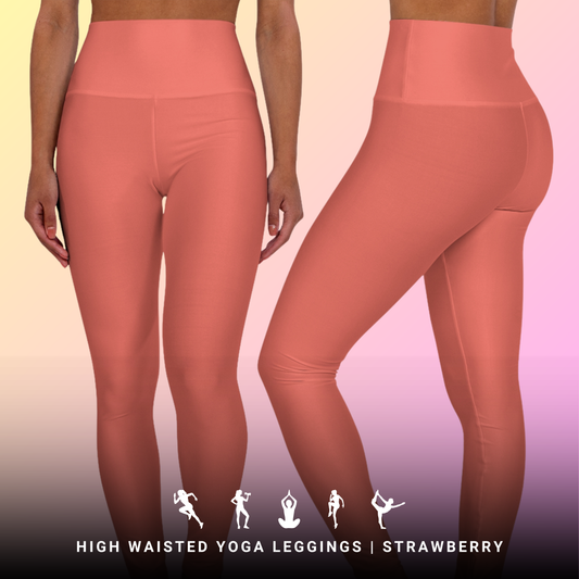 Strawberry Pink High Waisted Yoga Leggings for Women - Workout Pants for Gym, Running, Fitness, Yoga, and Everyday Wear